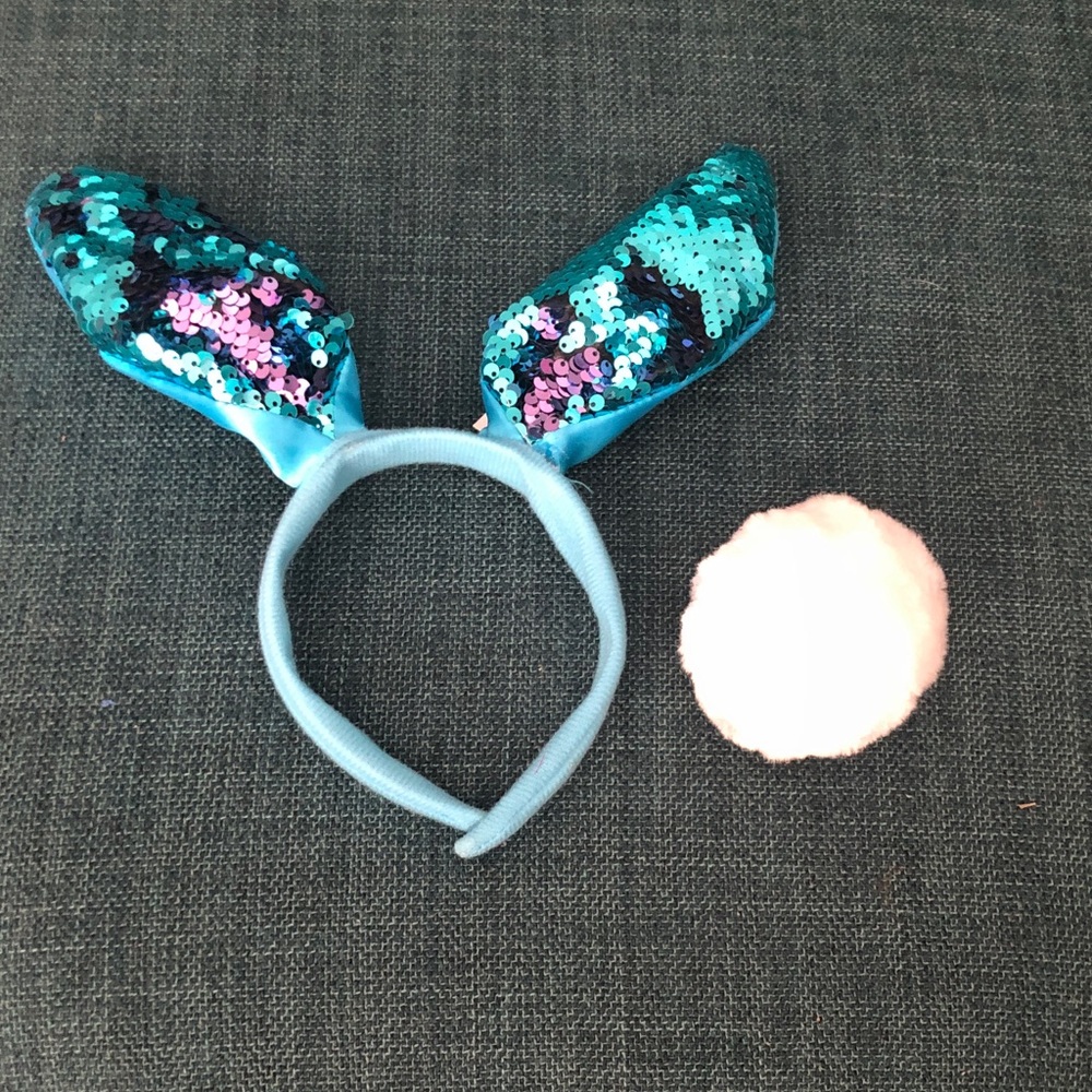 📦 Sequin Bunny Ears Headband with Pom Pom Clip Tail